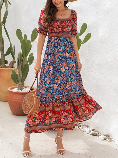 Boho Floral Print Long Dress Women Summer Beach Sundress Short Sleeve Square Neck Ruffle Pleated Dress Bohemian Casual Dresses