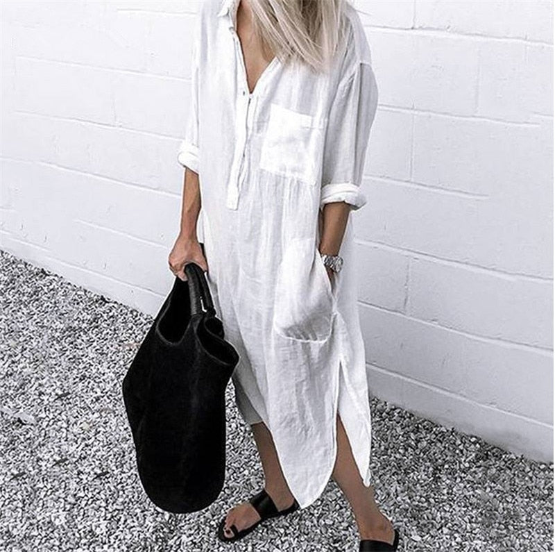 Women&#39;s Cotton Linen Shirt Dresses Loose Long Sleeve Turn-Down Collar Pullover Solid Dresse Casual Holiday Beach Party Sundress