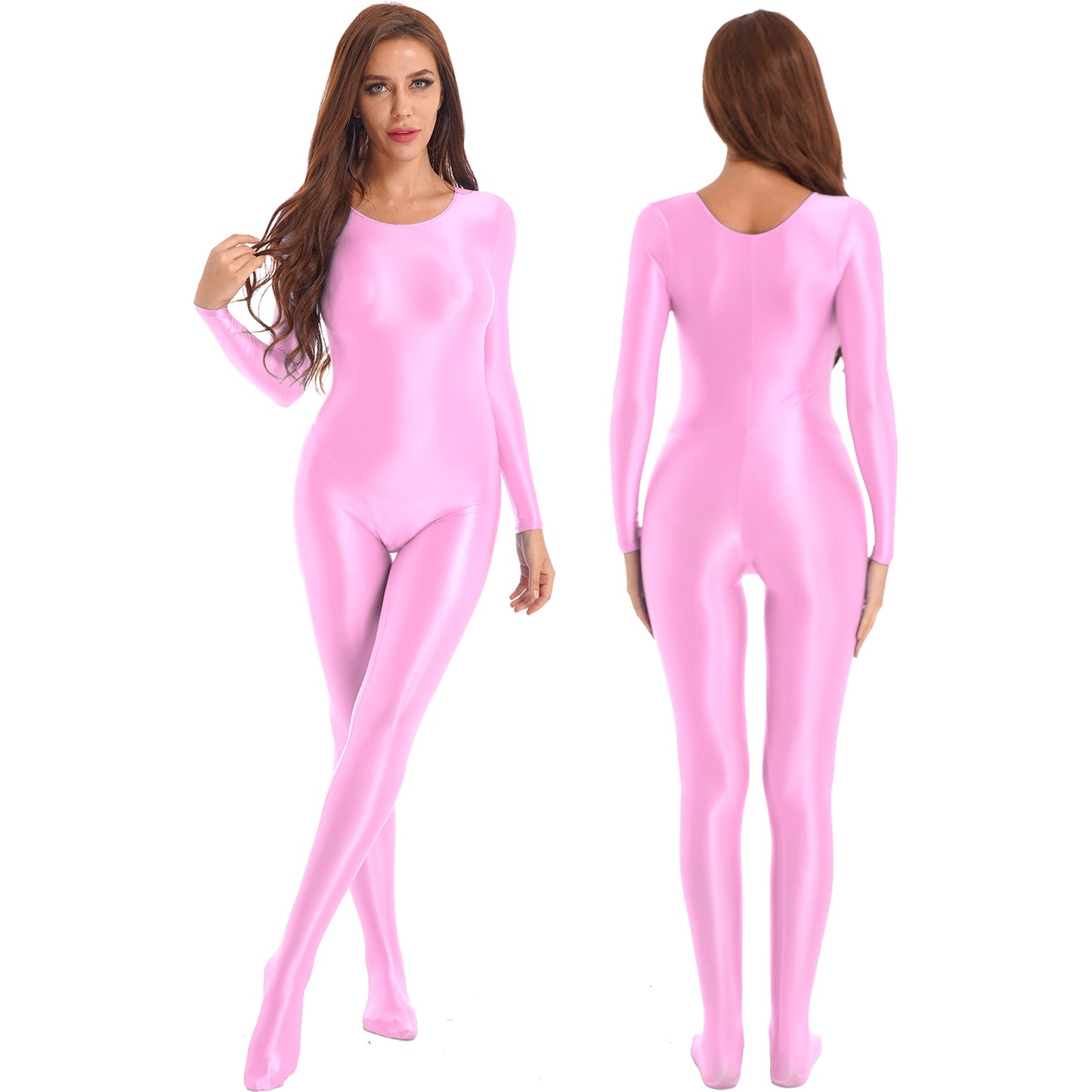 Womens Glossy Bodystocking Smooth Long Sleeve Oil Shiny Full Body Bodysuit Tights Swimsuit Fitness GYM Pole Dance Clubwear