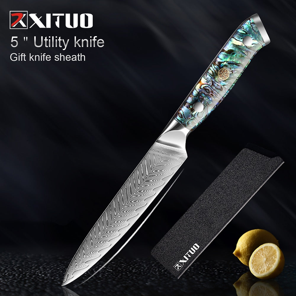 XITUO 1-5 PCS Damascus Steel knife Set Kitchen Cooking Tools Chef Knife Japanese Santoku Boning knife Exquisite Shell Handle