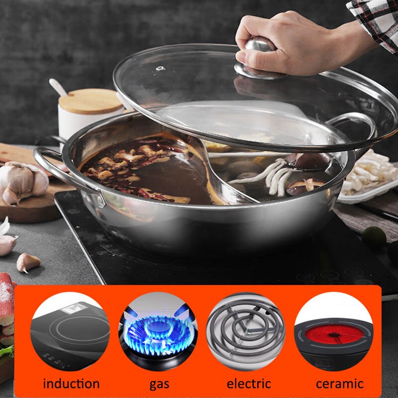 Hot Pot Induction Cooker Chinese Fondue 304 Stainless Steel Hotpot with Lid Gas Induction Stove Cooking Pot for Kitchen Cookware