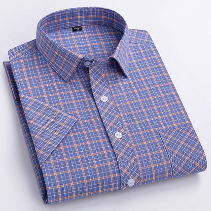 Men's Plaid Shirts Short Sleeve Thin Summer Luxury Standard Fit Checked Casual Shirt For Men 100% Cotton