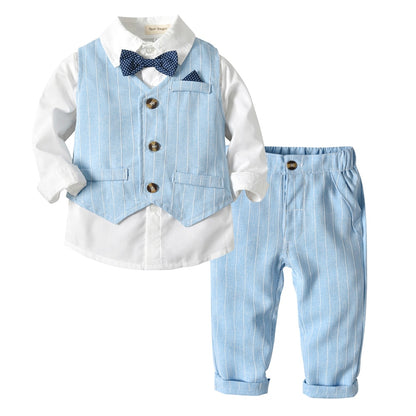 Baby Boy Clothes Birthday Party Baby Costume Boys Gentleman Tie Blue Shirt Vest Pants Autumn Toddler Baby Clothing Set Outfits