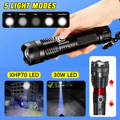 XHP70 Super Powerful Rechargeable Led Torch Variable Focus 30W Flashlight Tactical Lantern Long Shot Torch for Camping Emergency