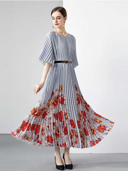 Miyake New Summer Pleated Long Dress Women O-Neck Lace-up Belt Print Loose Large Size Vintage Party Party Maxi Dress 2023