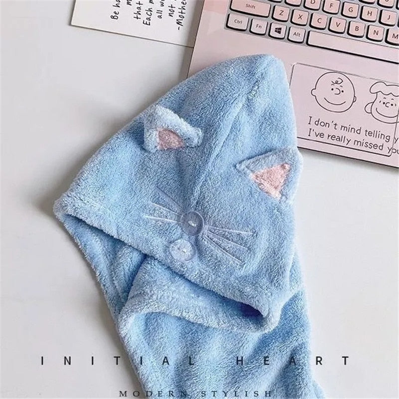 Cute Cat Hair Cap Microfiber Hair Towel Long Hair Quick Dry Hat Bath Towel Strong Water Absorbent Women Wrap Wiping Hair Towel