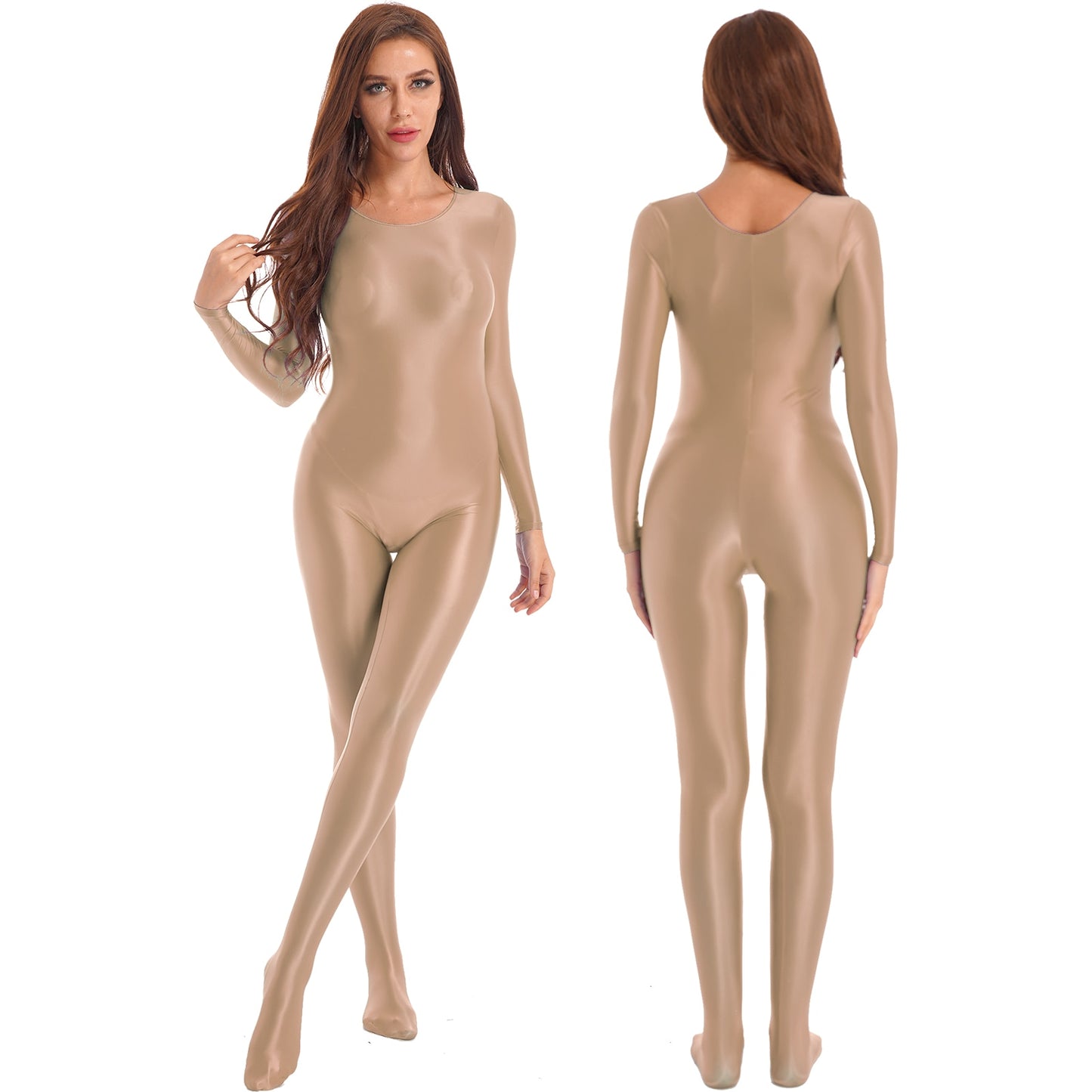 Womens Glossy Bodystocking Smooth Long Sleeve Oil Shiny Full Body Bodysuit Tights Swimsuit Fitness GYM Pole Dance Clubwear