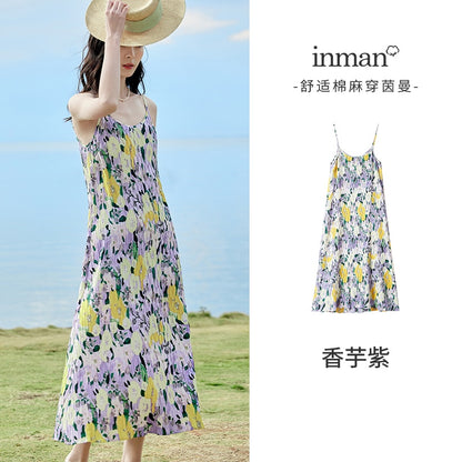 INMAN Women Suspended Dress 2023 Summer Sleeveless A-shaped Loose Artistic Pleated Floral Print Yellow Purple Black Skirt