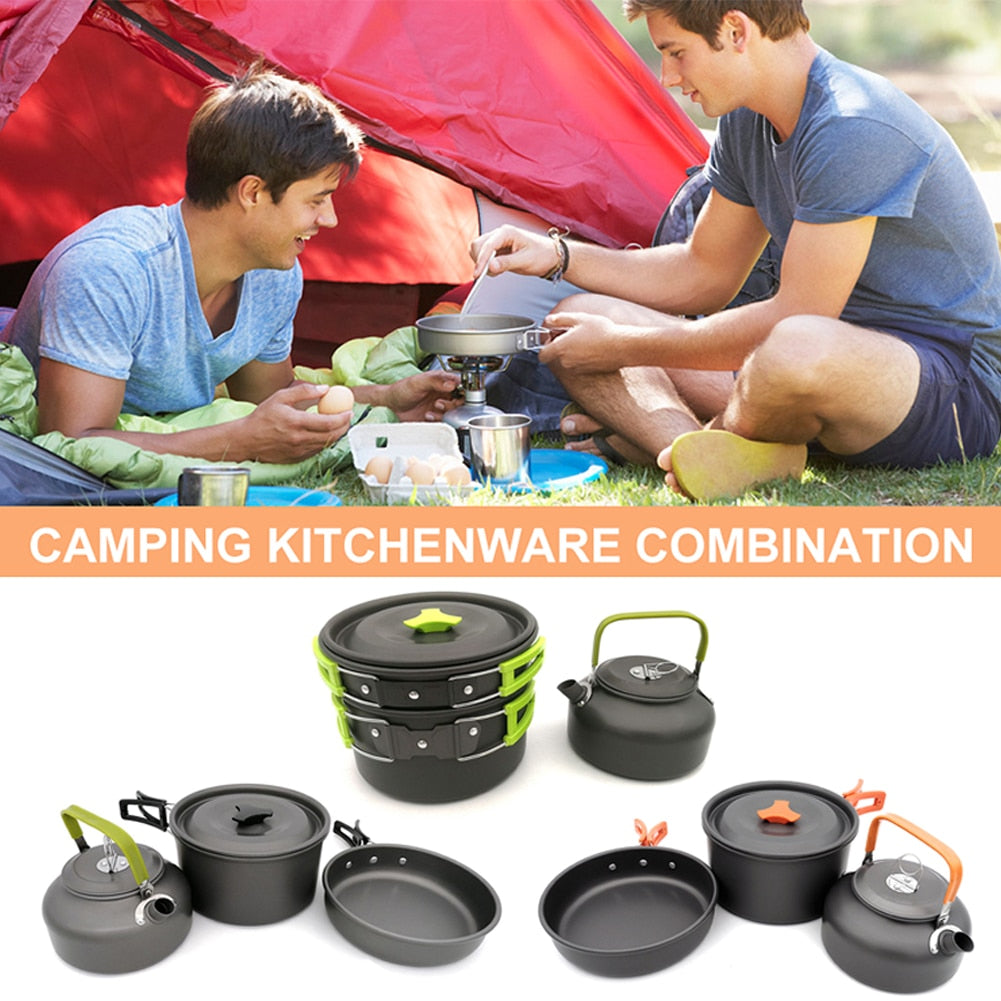 Camping Cookware Set Aluminum Portable Outdoor Tableware Cookset Cooking Kit Pan Bowl Kettle Pot Hiking BBQ Picnic