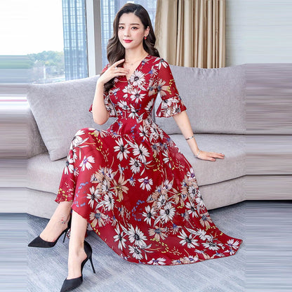 Women Floral Long Dress 2023 Casual Fashion Chiffon A Line V Neck Short Sleeve Dress Summer Elegant Fashion Comfortable Dresses