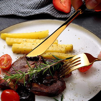 Gold Plated Stainless Steel Tableware Restaurant Kitchen Cookware Steak Western Food Luxury Knife Fork Spoon Dinnerware Sets