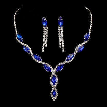 Fashion Blue Red Green Crystal Prom Wedding Jewelry Set Women Accessories Flower Tassel Necklace Earrings Bridal Jewelry Set