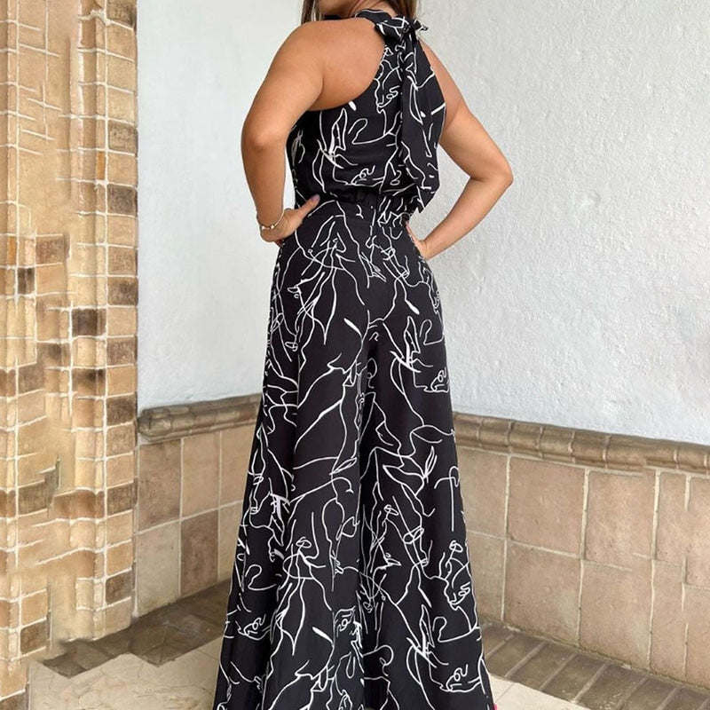 Summer Sexy Halterneck Bodycon Sleeveless High Jumpsuit 2022 Women Abstract Print Jumpsuit Chic Streetwear Wide Leg Romper Mujer