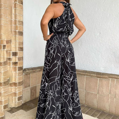 Summer Sexy Halterneck Bodycon Sleeveless High Jumpsuit 2022 Women Abstract Print Jumpsuit Chic Streetwear Wide Leg Romper Mujer