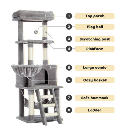 Cat Tree Towel Scratching Sisal Post Multi-Level Pet Climbing Tree with Hammock Bed Cat Ladder Extra Large Perch with Toy Ball