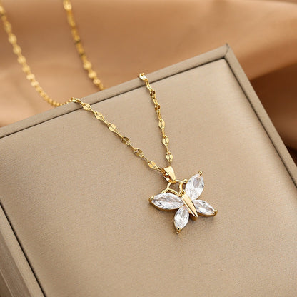 Gold Color Necklace for Women Zircon Jewelry Pendant Necklace Stainles Steel Mermaid Heart Butterfly Stainless Steel Sunflower