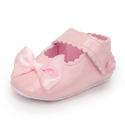 Newborn Baby Shoes Baby Boy Girl Shoes Girl Classic Bowknot Rubber Sole Anti-slip PU Dress Shoes First Walker Toddler Crib Shoes