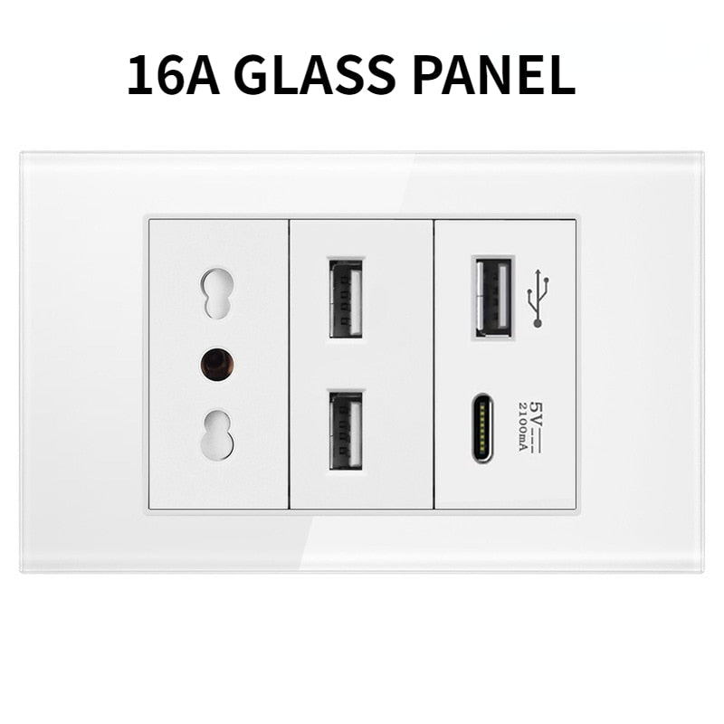 20A Brazil/US/Italy/Chile Plug Wall Sockets USB Type C Pressure Switch Plastic/ Tempered Glass 118 Panel Outlets Home Office
