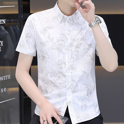 Korean Casual Trend Floral Printed Short Sleeve Shirt for Men Fashion Vintage Polo-Neck Single-breasted Shirt Male Clothes 2023