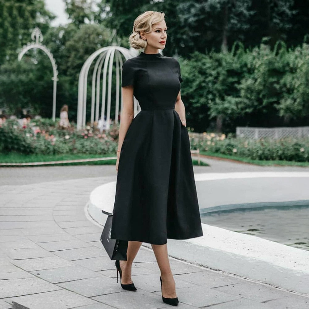 2022 Women Elegant Black Dress Half High Collar High Waist A-Line Dresses Slim Fit Midi Dress Office Lady Female Solid Vestidos