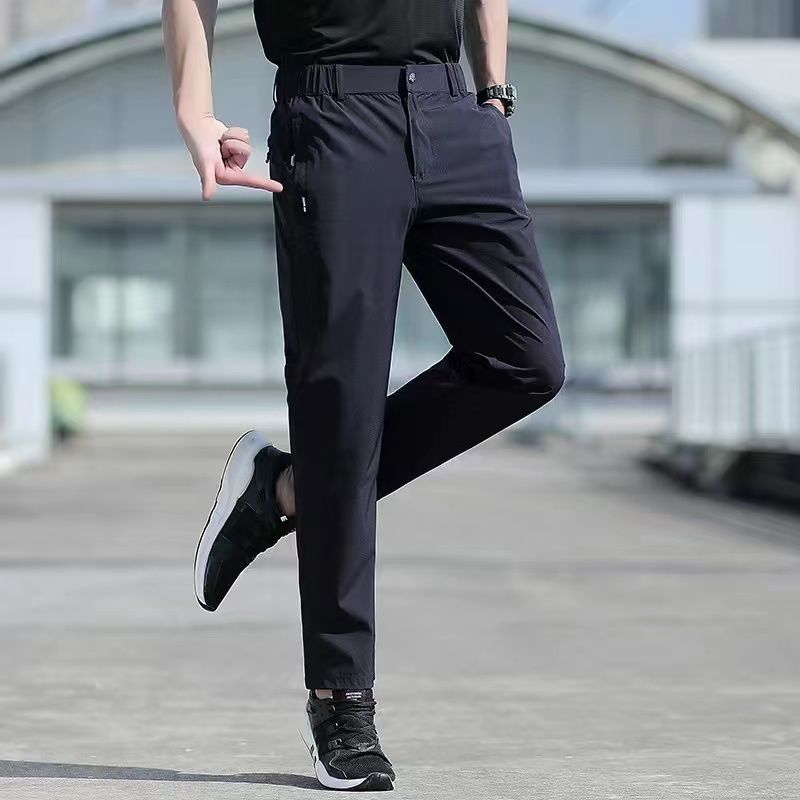 Large Size Men&#39;s Summer Pants Big Size Ice Silk Stretch Breathable Straight Leg Pants 6XL Quick Dry Elastic Band Black Trousers