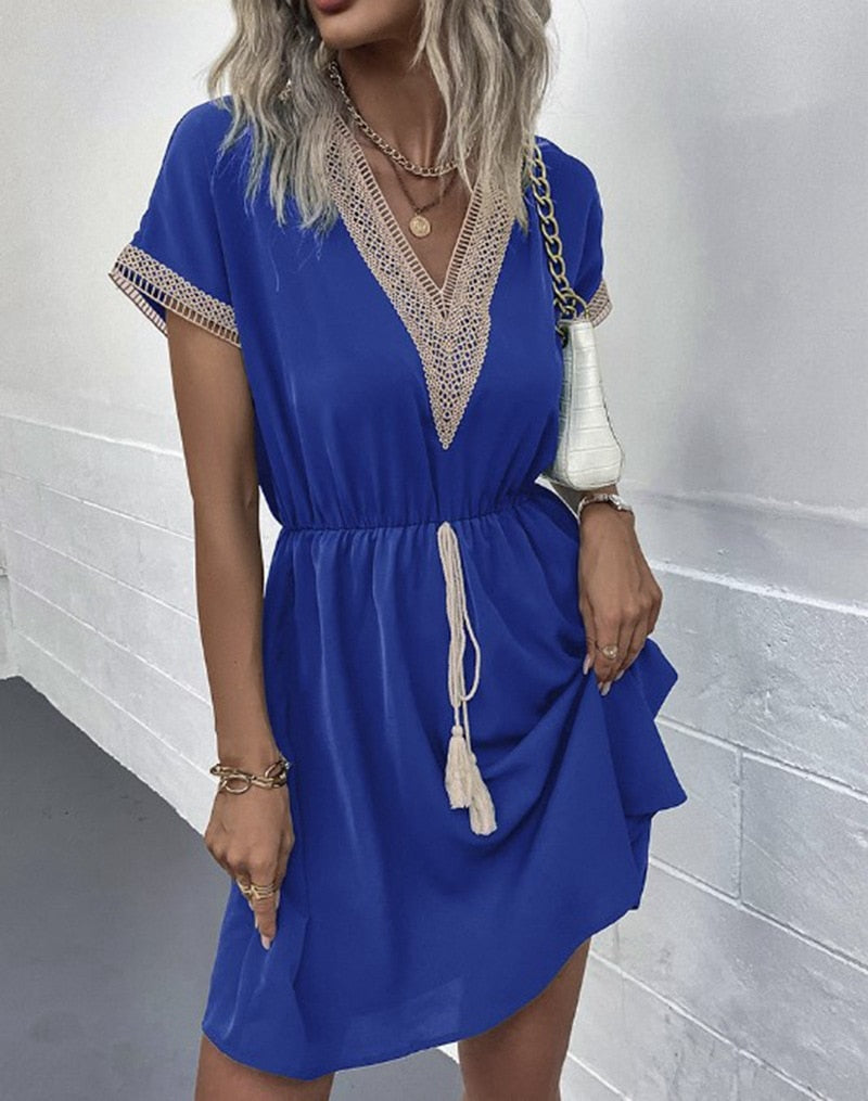 Women Elegante Mini Dress Summer Fashion V Neck Loose Lace Up Bohemian Dresses Female Casual Solid Short Sleeved Dress Vestidos