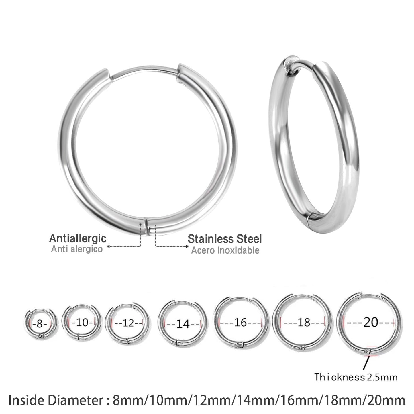 LUXUSTEEL 1Pairs/2Pcs Small Hoop Earrings Women Men Silver Color Stainles Steel Round Circle Pendientes Mujer 2023 Anti-allergy