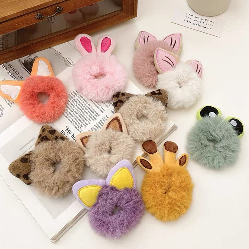 1PCS New Cute Hair Accessories Fake Fur Hair Rope Bear Scrunchies Women Girls Elastic Hair Rubber Bands Gum Kids Ponytail Holder