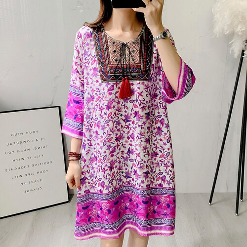 Women's Clothing Women Indian Dress Ready Stock Summer Vintage Causal Korean Style Beach Embroidery Tassel Floral Print Vestidos