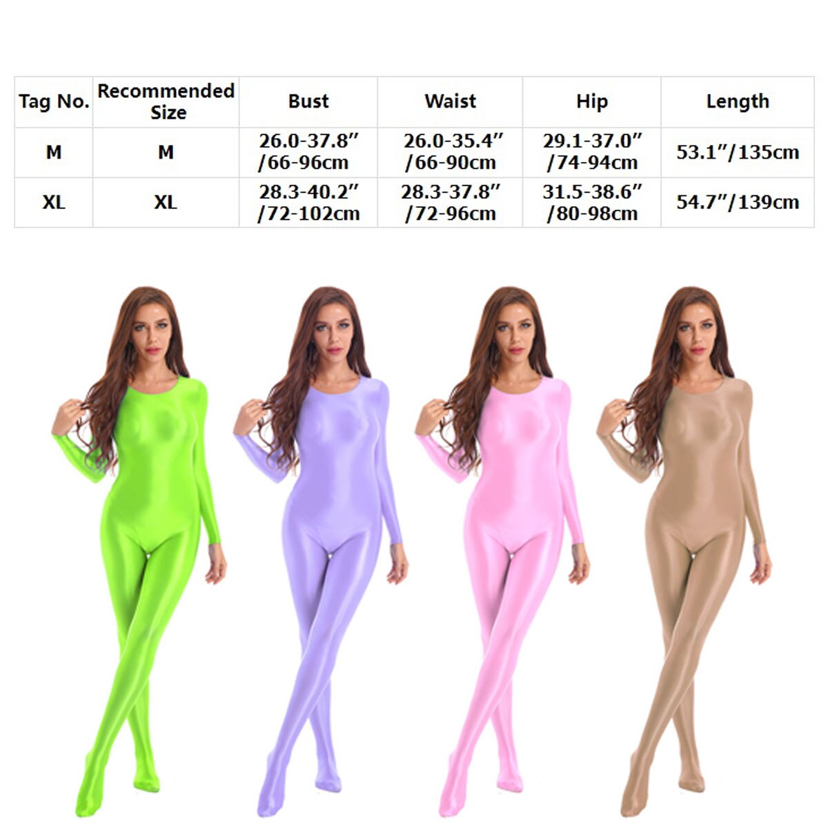 Womens Glossy Bodystocking Smooth Long Sleeve Oil Shiny Full Body Bodysuit Tights Swimsuit Fitness GYM Pole Dance Clubwear