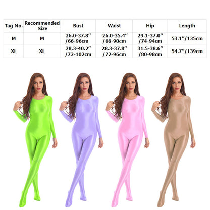 Womens Glossy Bodystocking Smooth Long Sleeve Oil Shiny Full Body Bodysuit Tights Swimsuit Fitness GYM Pole Dance Clubwear