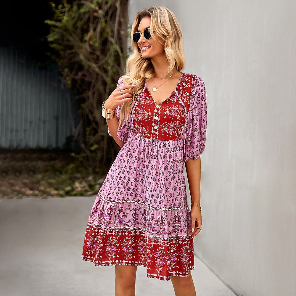 Elegant and Chic Fixed Pattern Design Short Lanten Sleeve Bohemian Dress for Women Summer Vacation Home Viscose Dresses Clothing