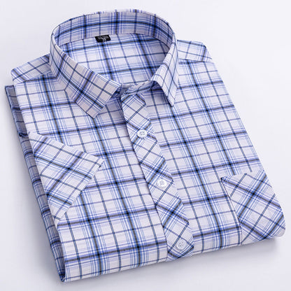 Men's Plaid Shirts Short Sleeve Thin Summer Luxury Standard Fit Checked Casual Shirt For Men 100% Cotton