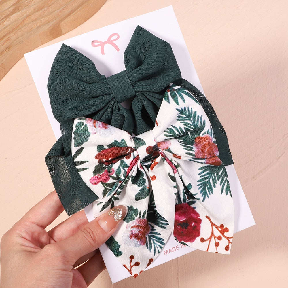 2Pcs/set Women Girls Sweet Solid Bowknot Hair Clips Print Bows Hairpins Ribbon Barrettes Duckbill Clip Headwear Hair Accessories