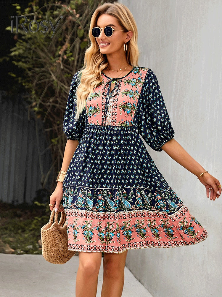 Elegant and Chic Fixed Pattern Design Short Lanten Sleeve Bohemian Dress for Women Summer Vacation Home Viscose Dresses Clothing