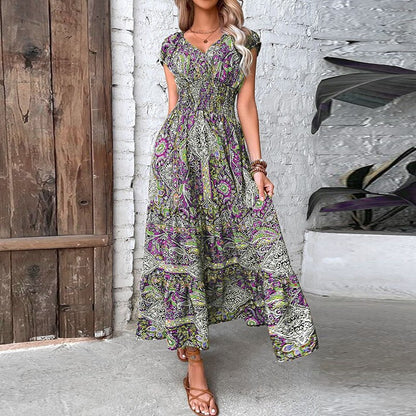 2023 Vintage Print Long Dress Women Summer V Neck Sexy Short Sleeve Elegant Elastic Waist A-line Maxi Dresses For Women