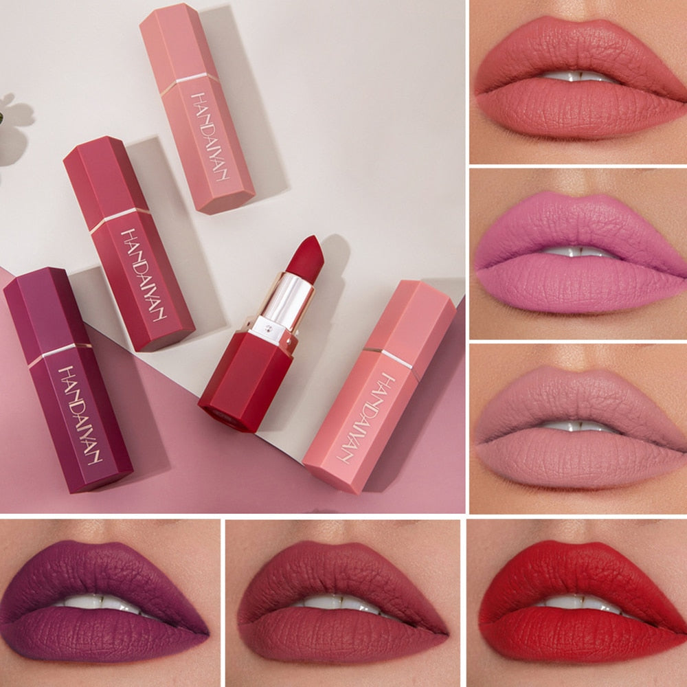 Handaiyan 6 Colors Matte Waterproof Velvet Nude Lipstick Sexy Red Brown Pigments Makeup Long Lasting Profissional