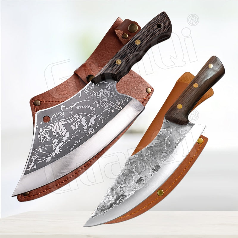 Handmade Forged Stainless Steel Kitchen Knife Cleaver Chinese Butcher Boning Knife Pig Beef Cutting Knife with Knife Wood Handle