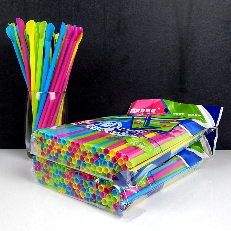 500Pcs plastic Straws Drinking Straw Spoon Bar Pub Slush Straw For Birthday Celebration Party Supplies New Fast Delivery