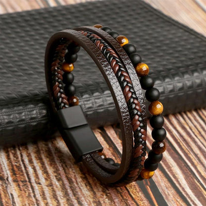 High Quality Leather Bracelet Men Classic Fashion Tiger Eye Beaded Multi Layer Leather Bracelet For Men Jewelry Gift