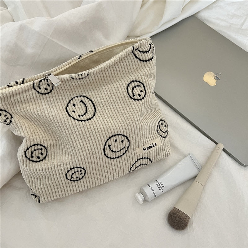 Japanese Style Corduroy Cosmetic Bag Women Handbags Purses Smile&amp;Dots Makeup Organizer Storage Makeup Bag Girls Pencil Case Bags