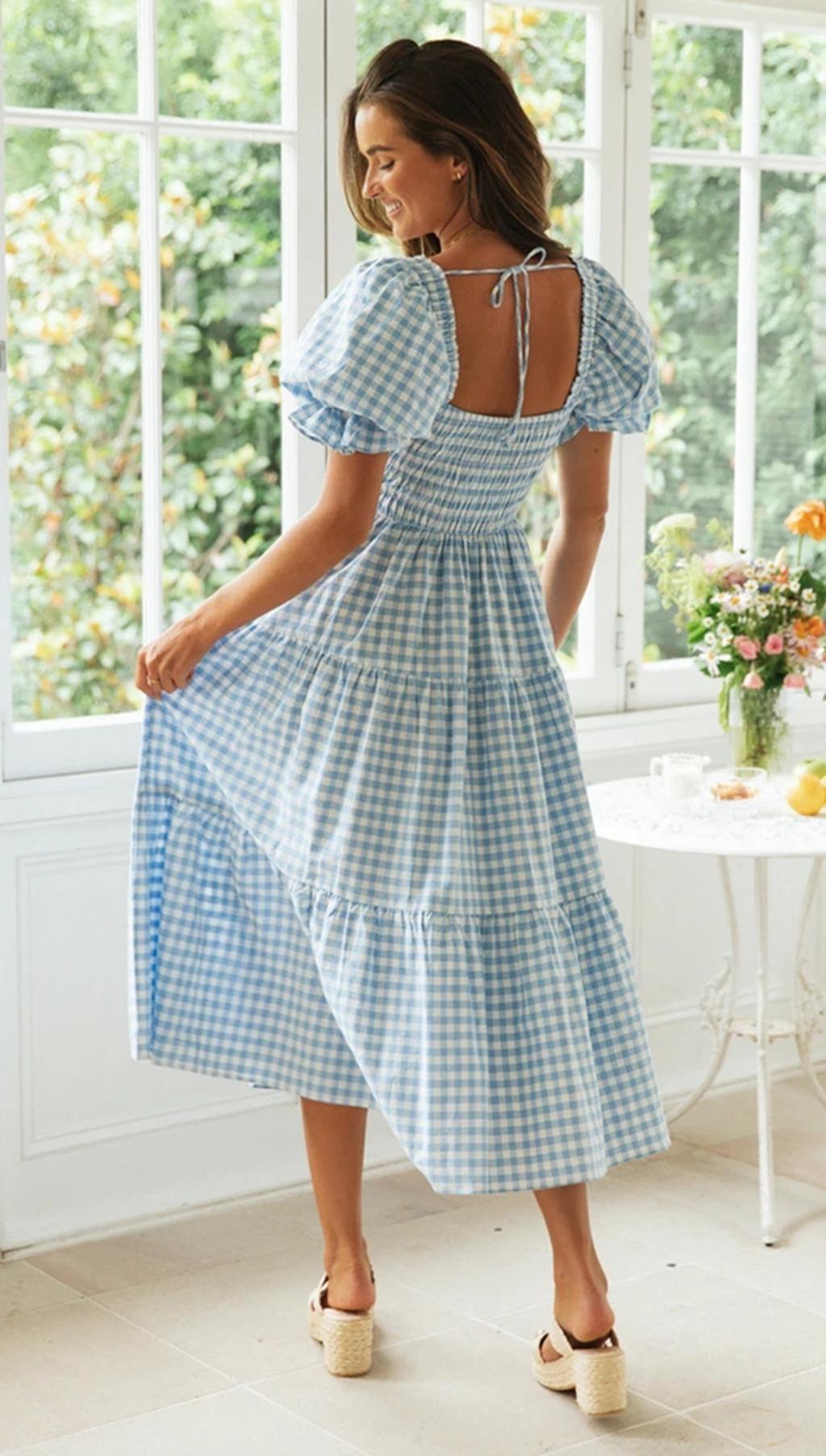 Women Spring Summer Style Dress Lady Casual Short Lantern Sleeve Square Collar Plaid Printed Dress SS3889