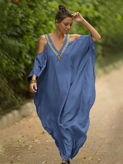 2023 Sexy Cold Shoulder V Neck Bats Sleeve Loose Summer Beach Dress Plus Size Women Beachwear Kaftan Black Dresses Q943