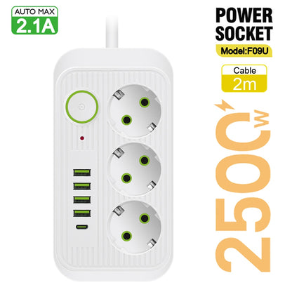 EU Plug AC Outlets Multitap Socket Extension Cord Electrical Power Strip With USB Type C PD Fast Charging Network Filter Adapter