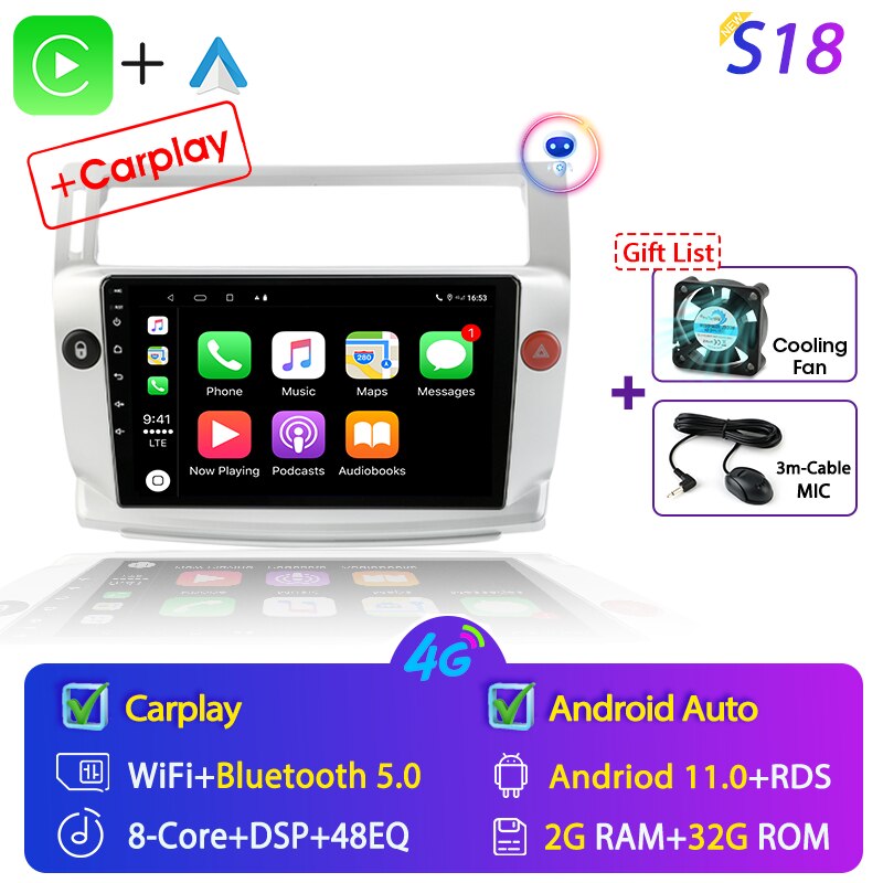 For Citroen C4 C-Triomphe Quatre 2004-2014 Car Radio Multimedia Carplay 2Din DVD Head Unit Stereo Speaker Audio Android 11 Video