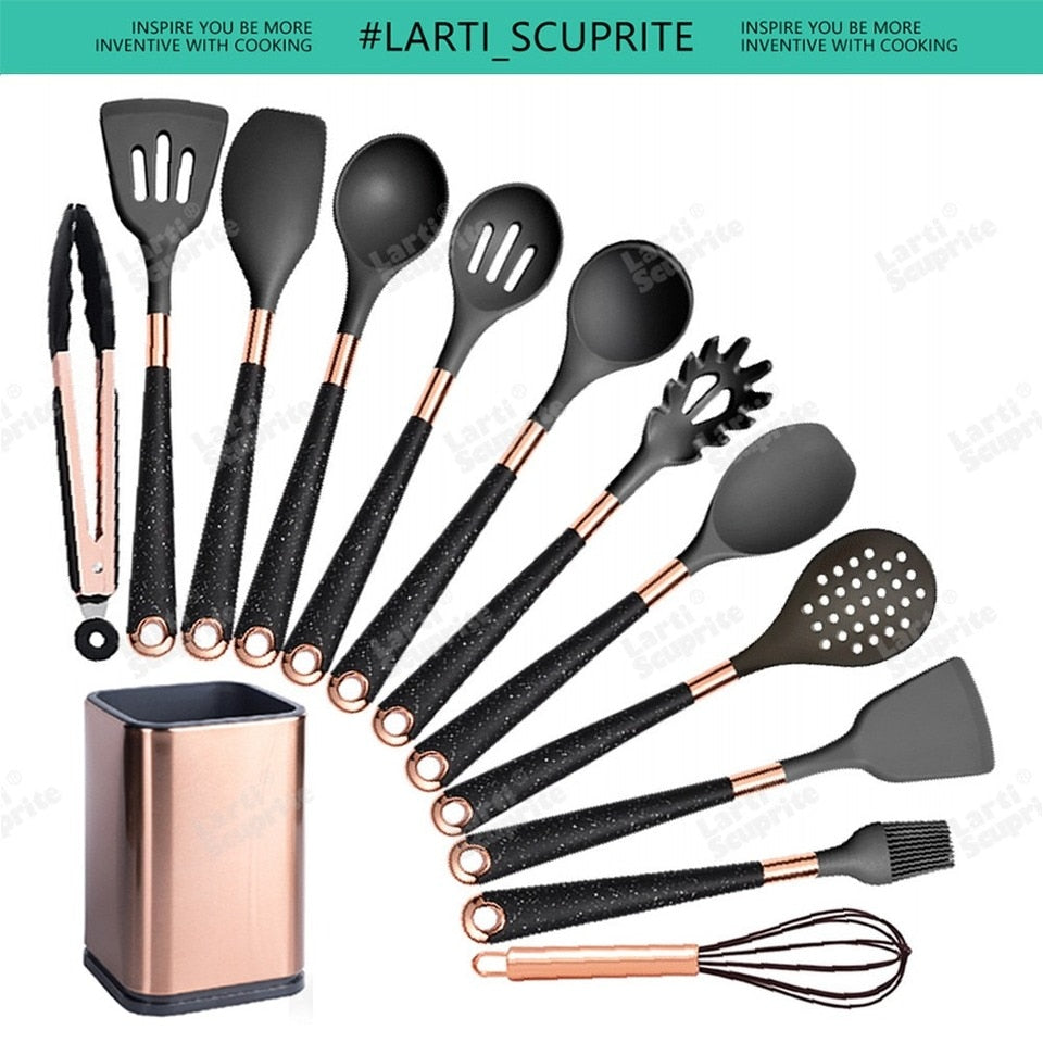 Quality Silicone Kitchen Utensils Set Gold Plated Accessories Handle Non-stick Kitchenware Heat Resistant Cooking Serving Tools