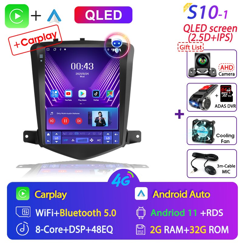 For Chevrolet Cruze 2008-2014 Carplay Android 11 Car Radio Multimedia Video Player Navigaion Head Unit Stereo 2Din Audio Speaker