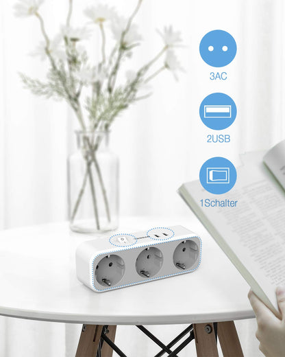 TESSAN Multi Outlets Power Stirp with Outlet and USB Ports, EU Wall Socket Power Adapter with Overload Protection for Home