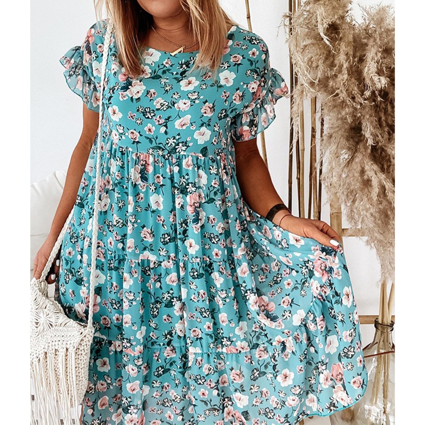 Summer Lady Ruffle Dress A Line Floral Print Sweet Dresses Women Casual O Neck Elegant Swing Short Dress 2023 New Arrival