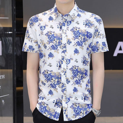 Korean Casual Trend Floral Printed Short Sleeve Shirt for Men Fashion Vintage Polo-Neck Single-breasted Shirt Male Clothes 2023